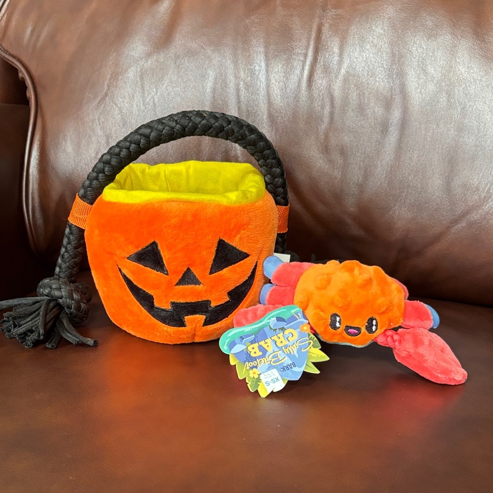 Doggy Orange Pumpkin Basket with Plush Crab